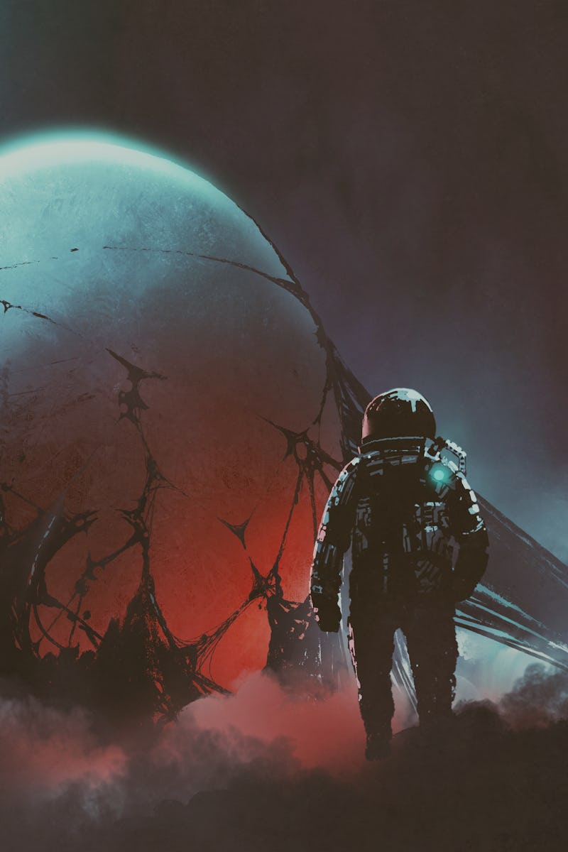 sci-fi horror scene of two astronauts found the mysterious alien egg, digital art style, illustratio...