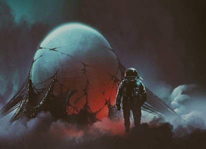 sci-fi horror scene of two astronauts found the mysterious alien egg, digital art style, illustratio...
