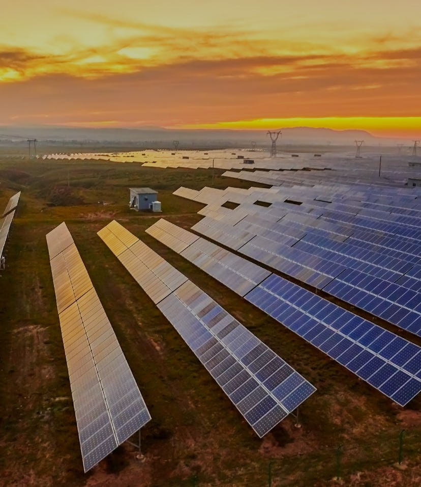 Solar photovoltaic photographed before sunrise
