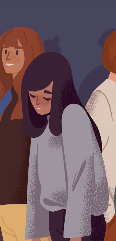 Sad girl in crowd flat vector illustration. Emotional burnout, depression and fatigue concept. Young...