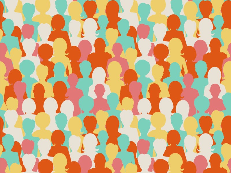 A lot of colorful people silhouettes, crowd of people seamless pattern