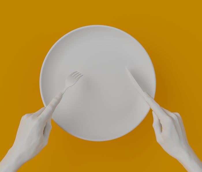 Abstract food restaurant concept banner. Isolated white empty plate, hands holding fork and knife, t...