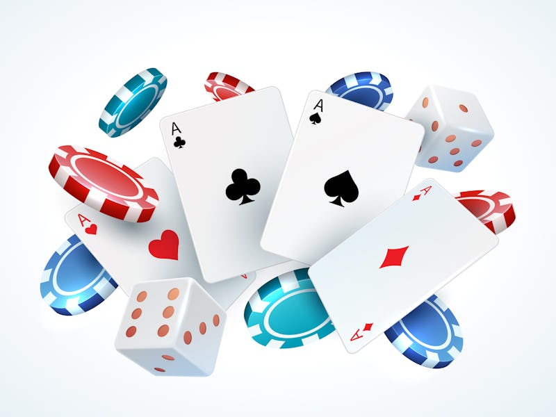 Playing cards chips dice. Casino poker gambling realistic 3D falling cards and chips isolated on whi...