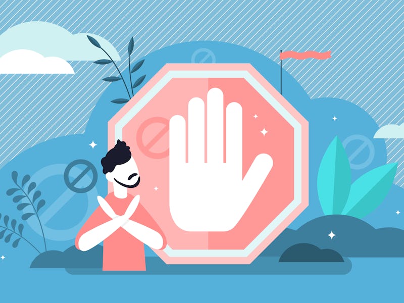 Stop sign vector illustration. Flat tiny prohibition no gesture person concept. Symbolic warning, da...