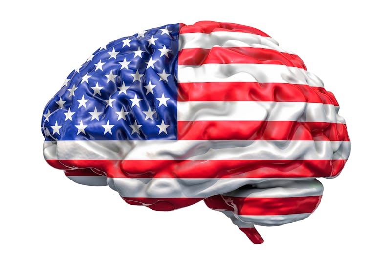 Human brain with American flag. Scientific research and education in the USA concept, 3D rendering i...