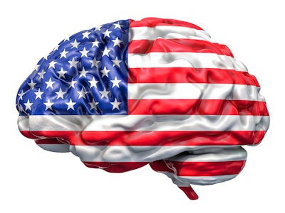 Human brain with American flag. Scientific research and education in the USA concept, 3D rendering i...