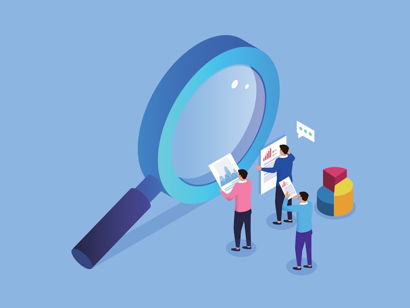 Business insights and opinions, three businesses holding a report stand next to a magnifying glass