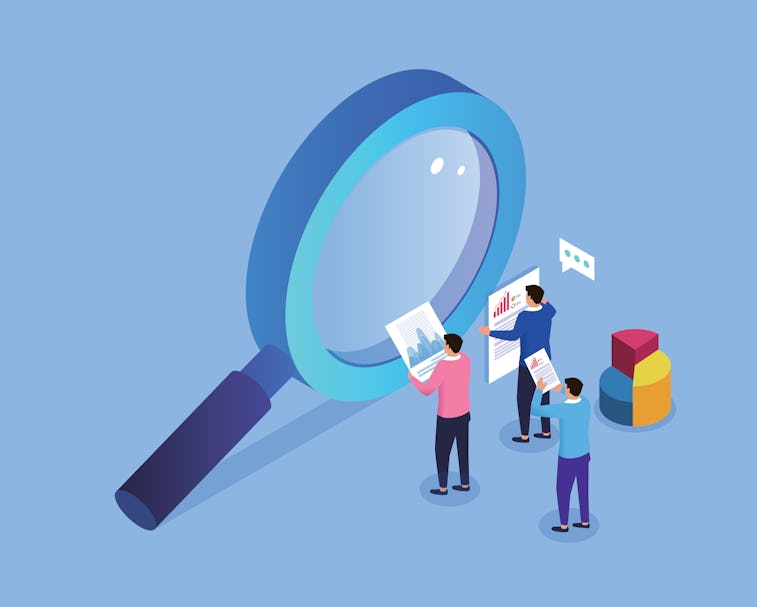 Business insights and opinions, three businesses holding a report stand next to a magnifying glass