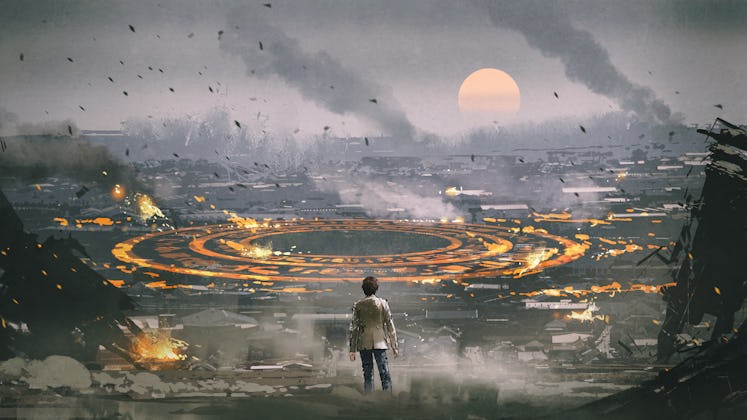 A post-apocalyptic scene showing the man standing in ruined city and looking at mysterious circle on...