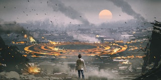post apocalypse scene showing the man standing in ruined city and looking at mysterious circle on th...