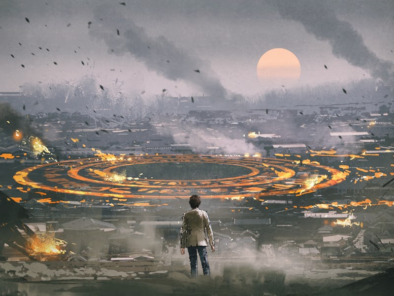 post apocalypse scene showing the man standing in ruined city and looking at mysterious circle on th...