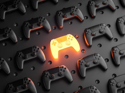 Outstanding Concept. Glowing Gamepad Between Multiple Black Joysticks Background 3D Rendering