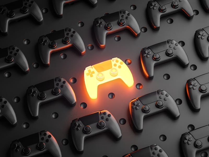 Outstanding Concept. Glowing Gamepad Between Multiple Black Joysticks Background 3D Rendering