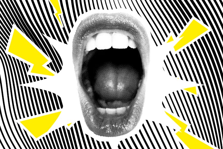Open Screaming Mouth On A Striped Background. Bright vector collage with universal graphic Elements,...