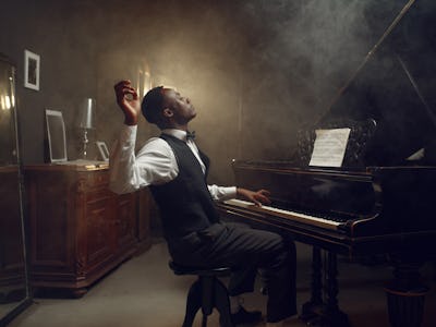 Black grand piano player, jazz performance