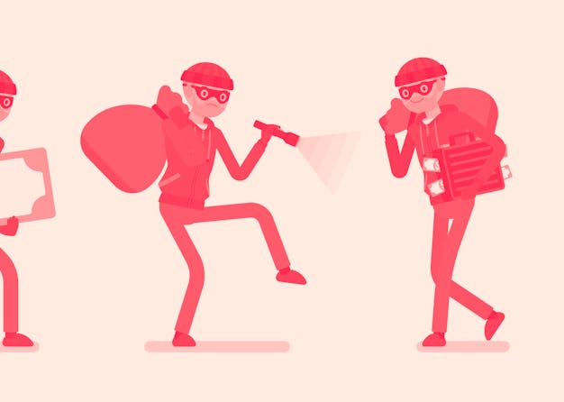 Thief, a masked man stealing money. Burglar committing robbery, outlaw fraud operating lawless finan...