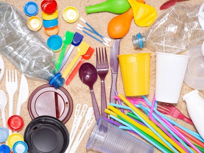 Disposable single use plastic objects such as bottles, cups, forks, spoons and drinking straws that ...