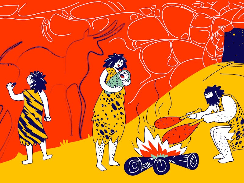 Primitive People Caveman Family Living in Cave with Bonfire. Human Characters of Tribe Members. Litt...