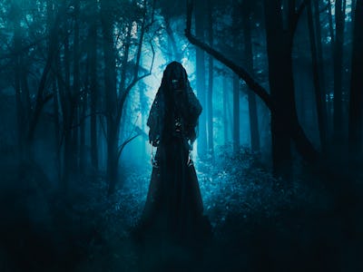 High contrast image of a scary ghost in the woods