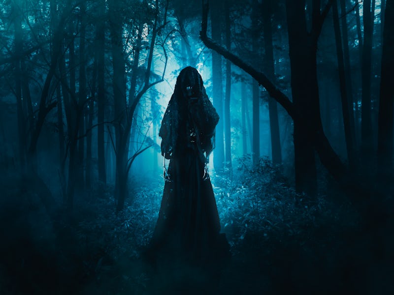 High contrast image of a scary ghost in the woods