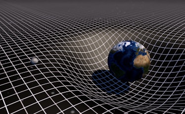 Art Concept of Earth and Moon on a gravity grid. Space-time warp and vortex. Gravity's Century. 3D R...