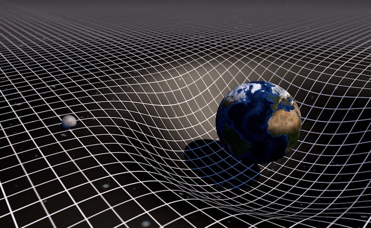 Art Concept of Earth and Moon on a gravity grid. Space-time warp and vortex. Gravity's Century. 3D R...