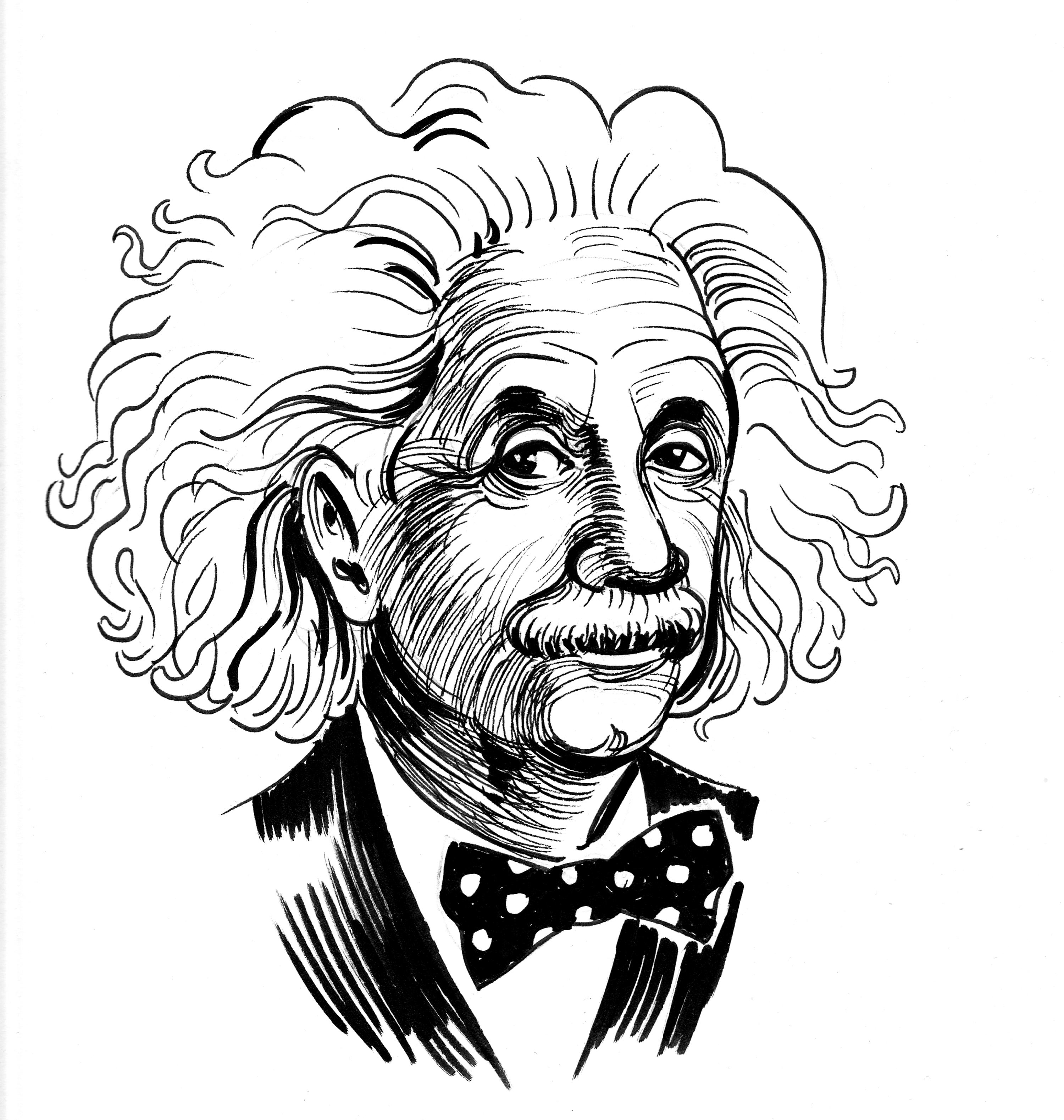 Albert Einstein. Ink black and white cartoon