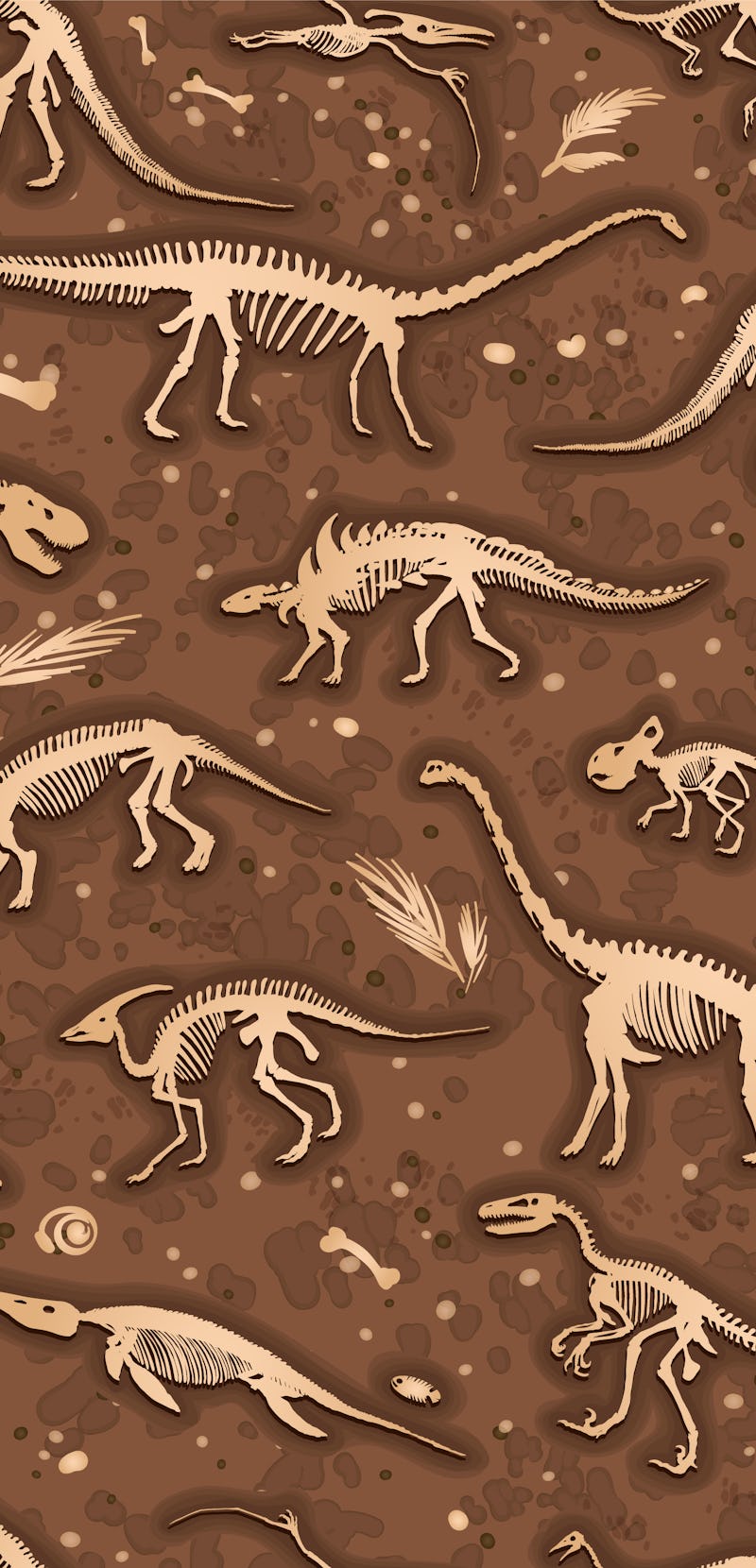 Set, silhouettes, dino skeletons, dinosaurs, fossils. Hand drawn vector illustration. Seamless patte...