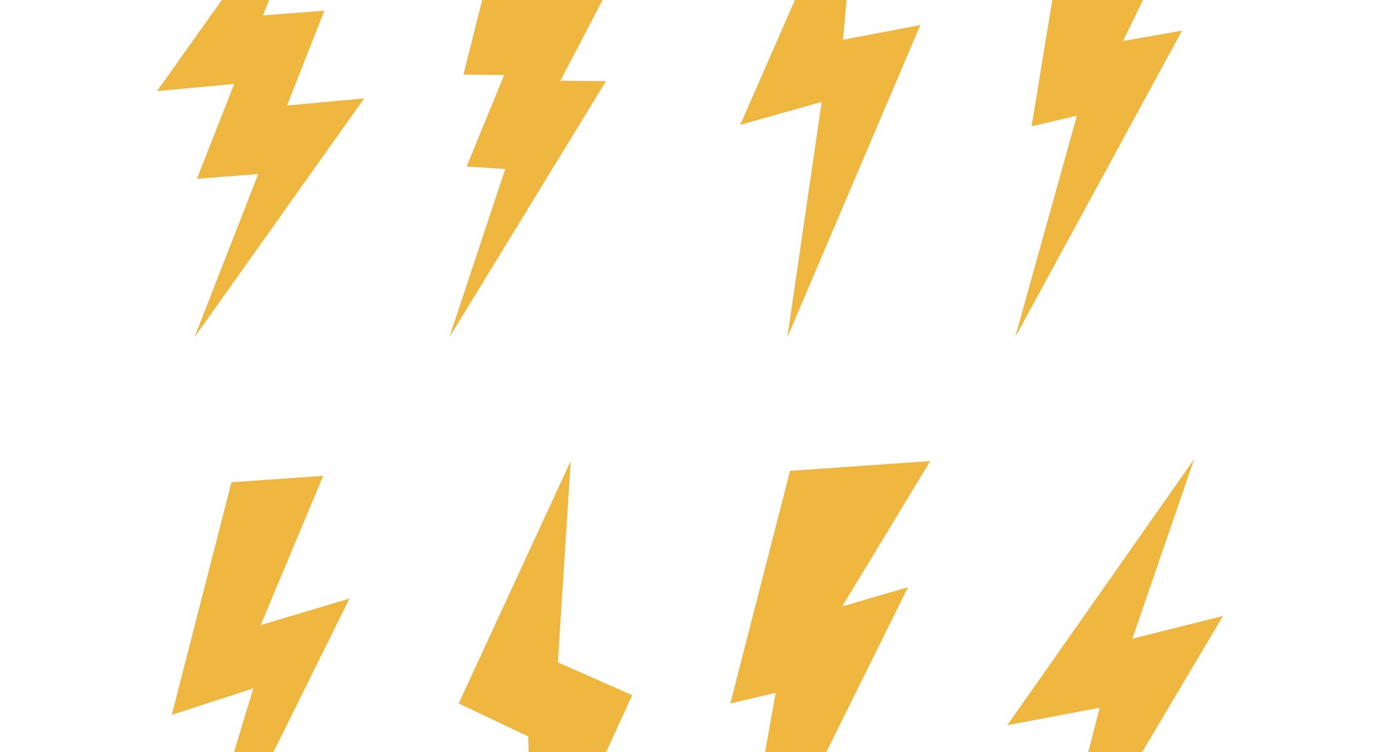 Set of 8 Lightning flat icons. Thunderbolts icons isolated on black background. Vector illustration