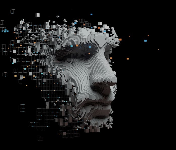 Abstract digital human face. Artificial intelligence concept of big data or cyber security. 3D illu...