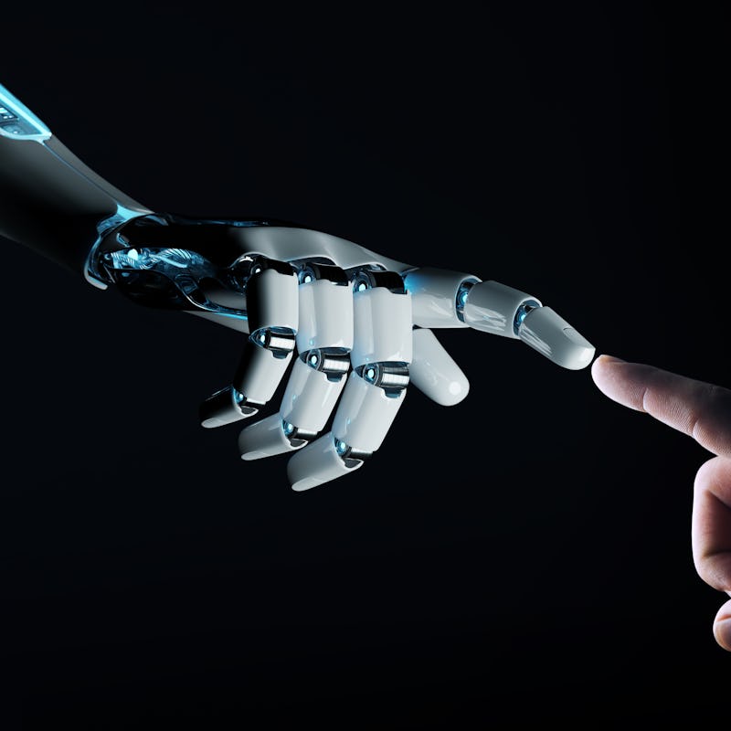 Robot hand making contact with human hand on dark background 3D rendering