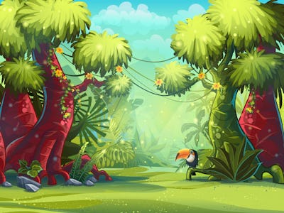 Jungle vector illustration toucan, trees and flower. For video and web design, games, print, magazin...