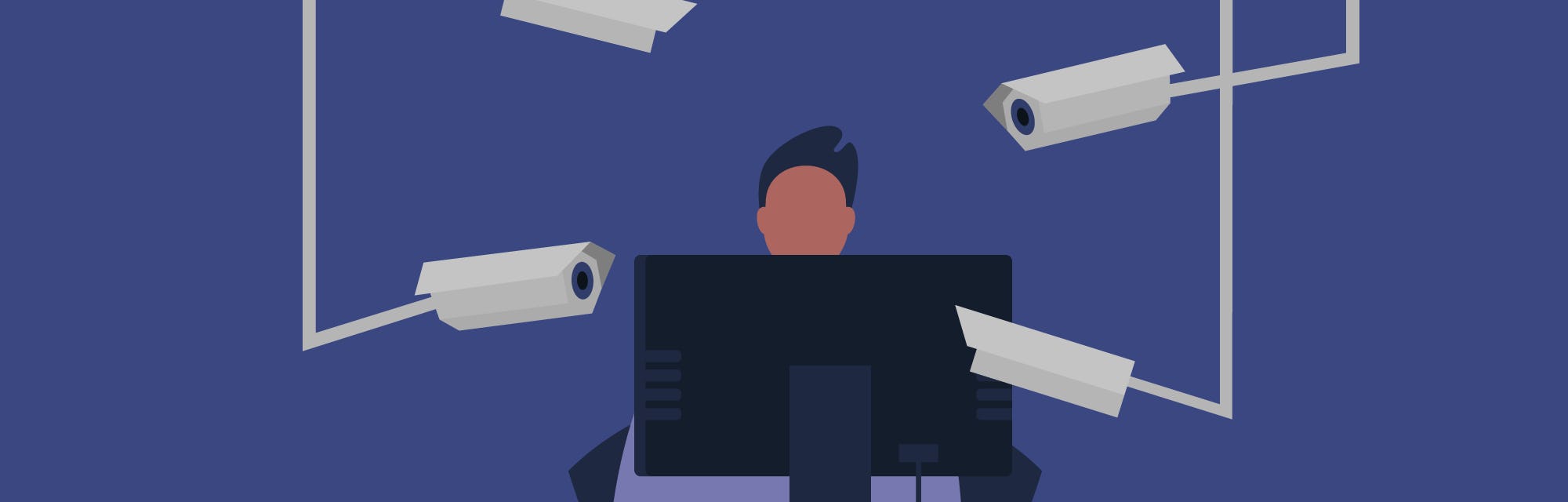 Surveillance, Young male character surrounded by CCTV cameras, Spying technologies, invasion of priv...