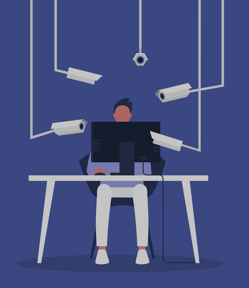 Surveillance, Young male character surrounded by CCTV cameras, Spying technologies, invasion of priv...