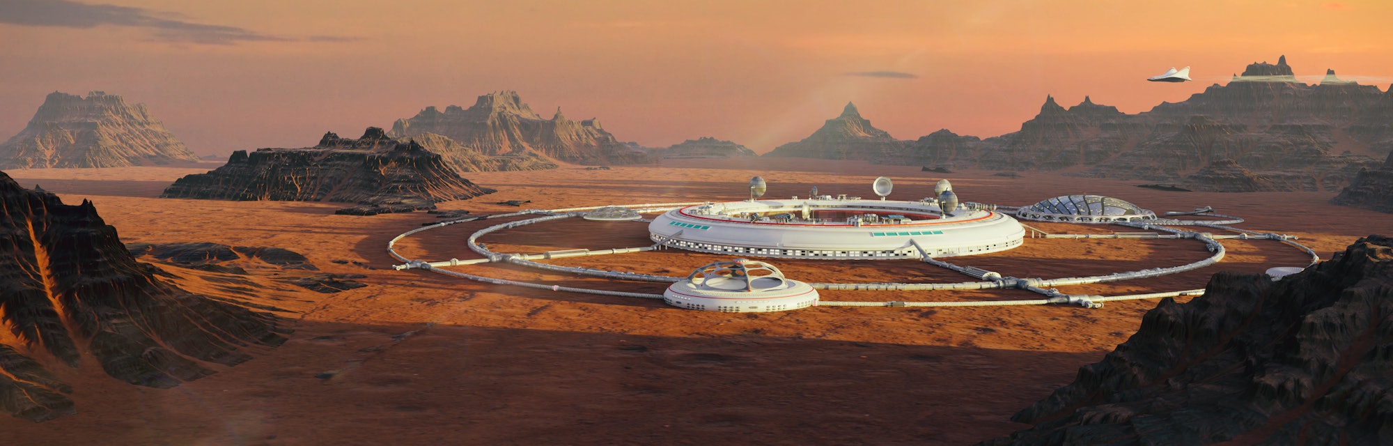 colony on Mars, first martian city in desert landscape on the red planet (3d space illustration)