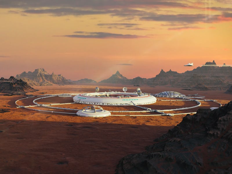 colony on Mars, first martian city in desert landscape on the red planet (3d space illustration)