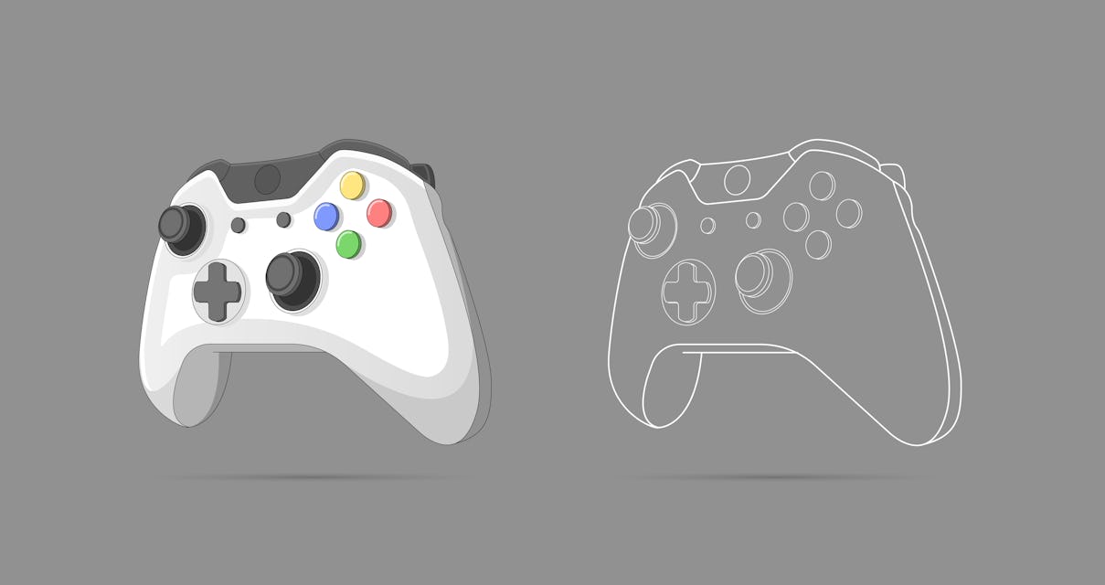 Illustration of gamepad, controller, input device. Console gaming, video games, entertaiment, arcade. Retro Gaming controller line and color drawing. Flat style, colorful, vector illustration.