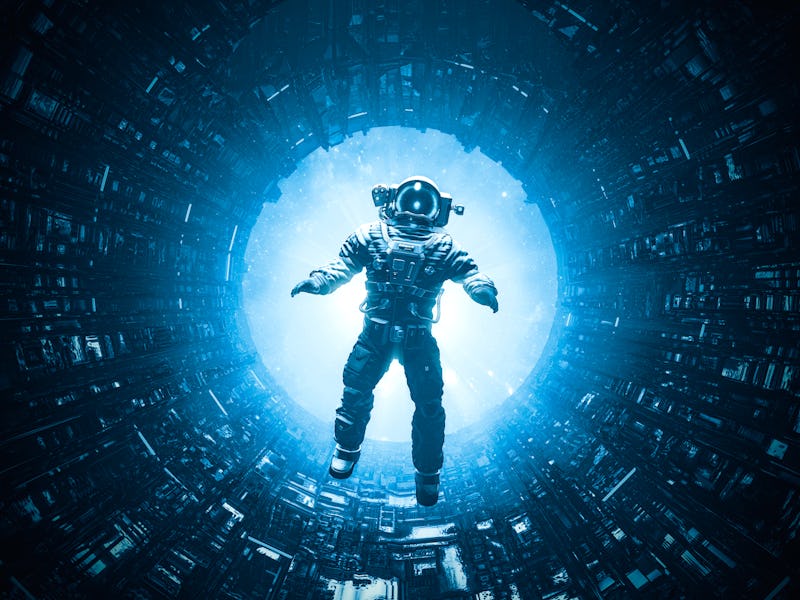 Dangers of space travel / 3D illustration of astronaut floating in dark mysterious space station cor...