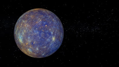 Planet Mercury with enhanced Color. Text space on the right. Realistic 3D render of mercury and star...