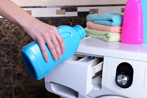 Female hands poured powder in washing machine close-up