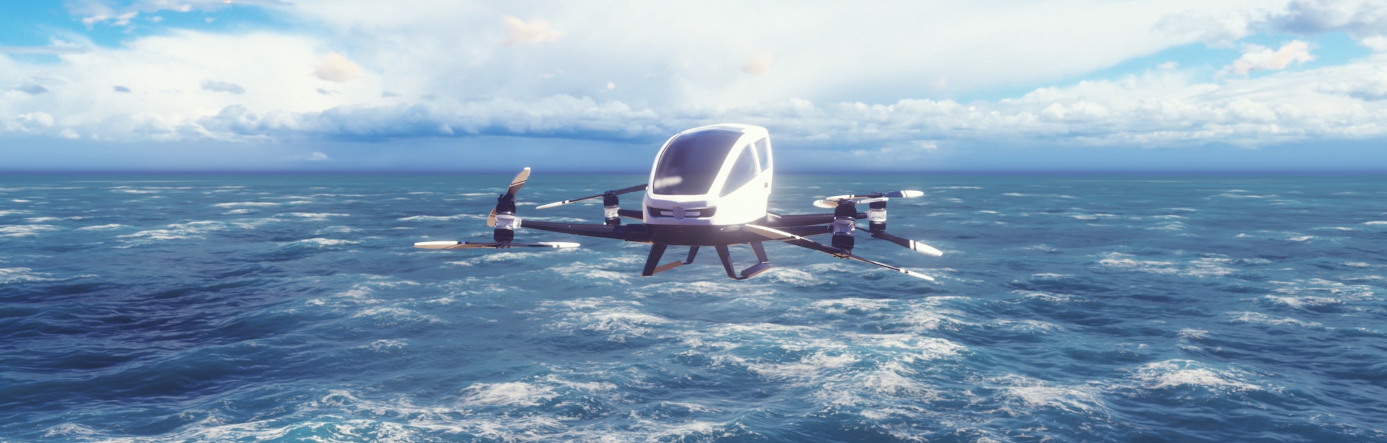 An unmanned passenger air taxi flies over the sea. The concept of the future driverless taxi. 3D Ren...