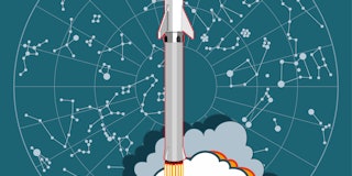 SpaceX rocket BFR Starship launching vector retro style illustration. Future is Now art. Elon Musk r...