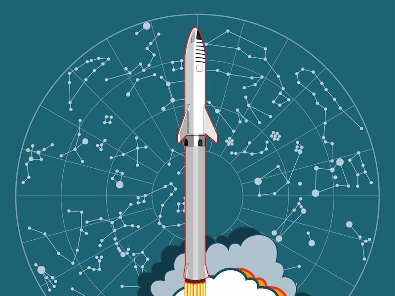 SpaceX rocket BFR Starship launching vector retro style illustration. Future is Now art. Elon Musk r...