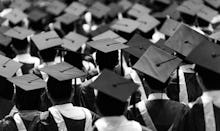 Large group of graduation caps during commencement.