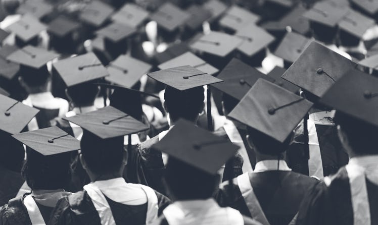 Large group of graduation caps during commencement.