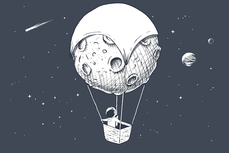 astronaut travels by on aerostat made of Moon. Spaceman exploring the universe. Space voyager.Vector...