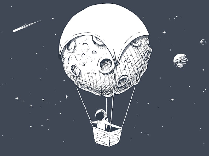 astronaut travels by on aerostat made of Moon. Spaceman exploring the universe. Space voyager.Vector...