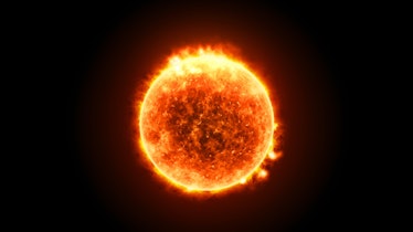 Sun Solar Atmosphere on black background. Splashes of prominences, hot sun flares on the surface. 3D...