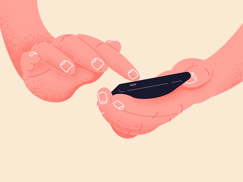 Social network life on your phone vector illustration. Hand holding smartphone editable mockup.