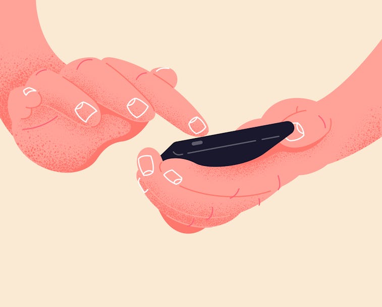 Social network life on your phone vector illustration. Hand holding smartphone editable mockup.